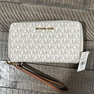 Michael Kors Cream and Brown Logo Wristlet